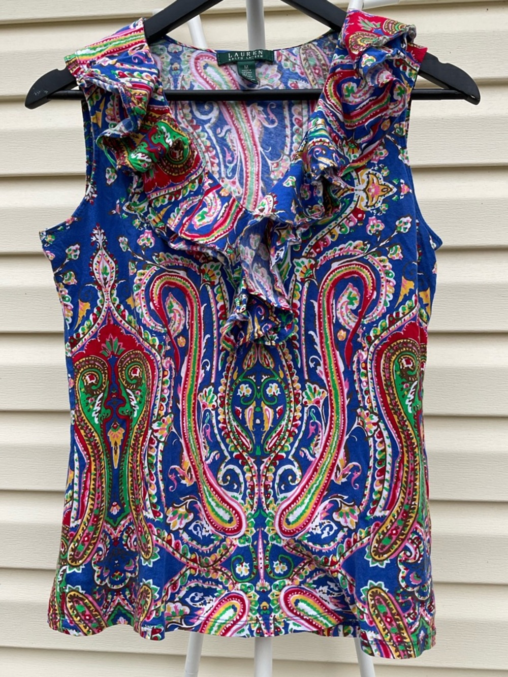 Ralph Lauren Blue Paisley Ruffle Neck Sleeveless Camisole 19” by 20” cotton